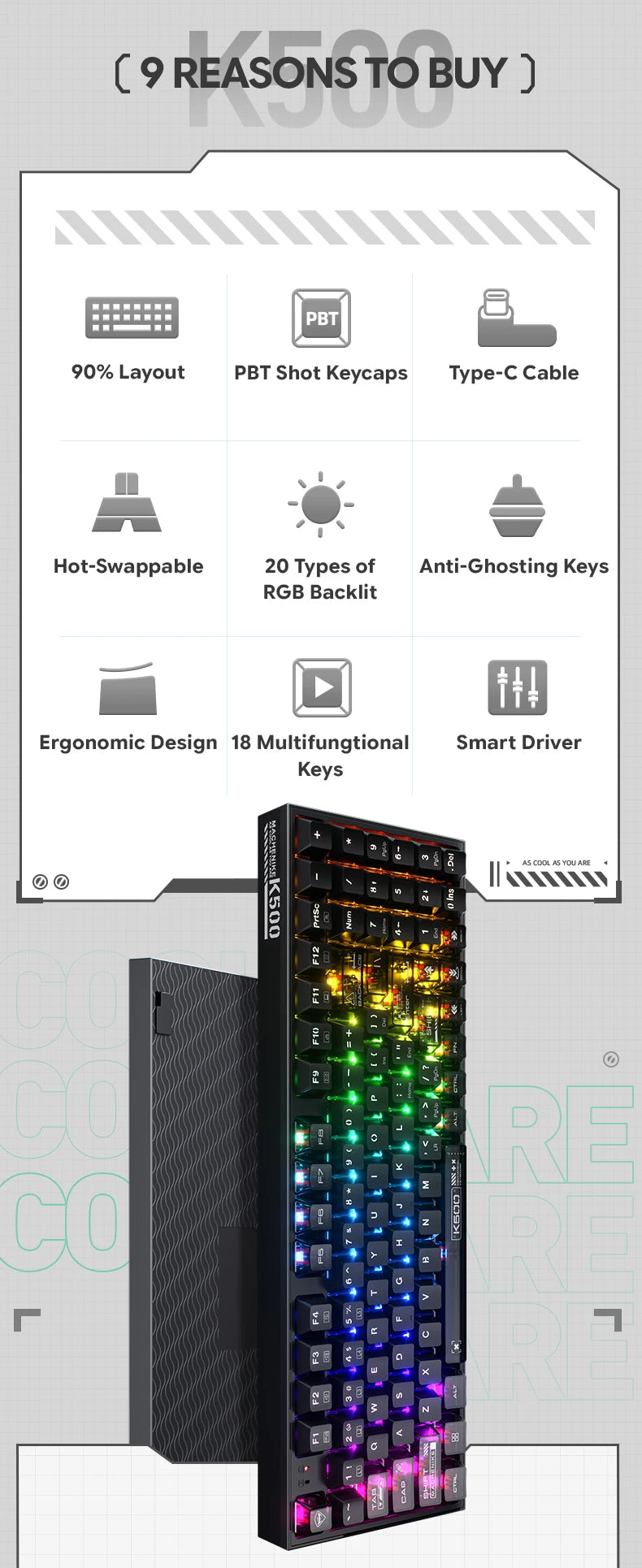 Mechanical keyboard with multicolor RGB backlight, hot-swappable, slim 94-key layout