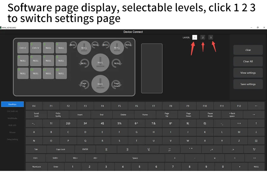 Keyboard software settings page with selectable levels and switchable view