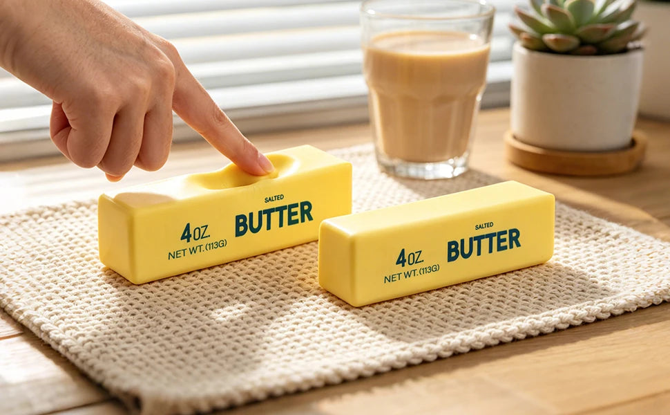 Two yellow butter-shaped squishy fidget toys on white cloth, 4oz labeled