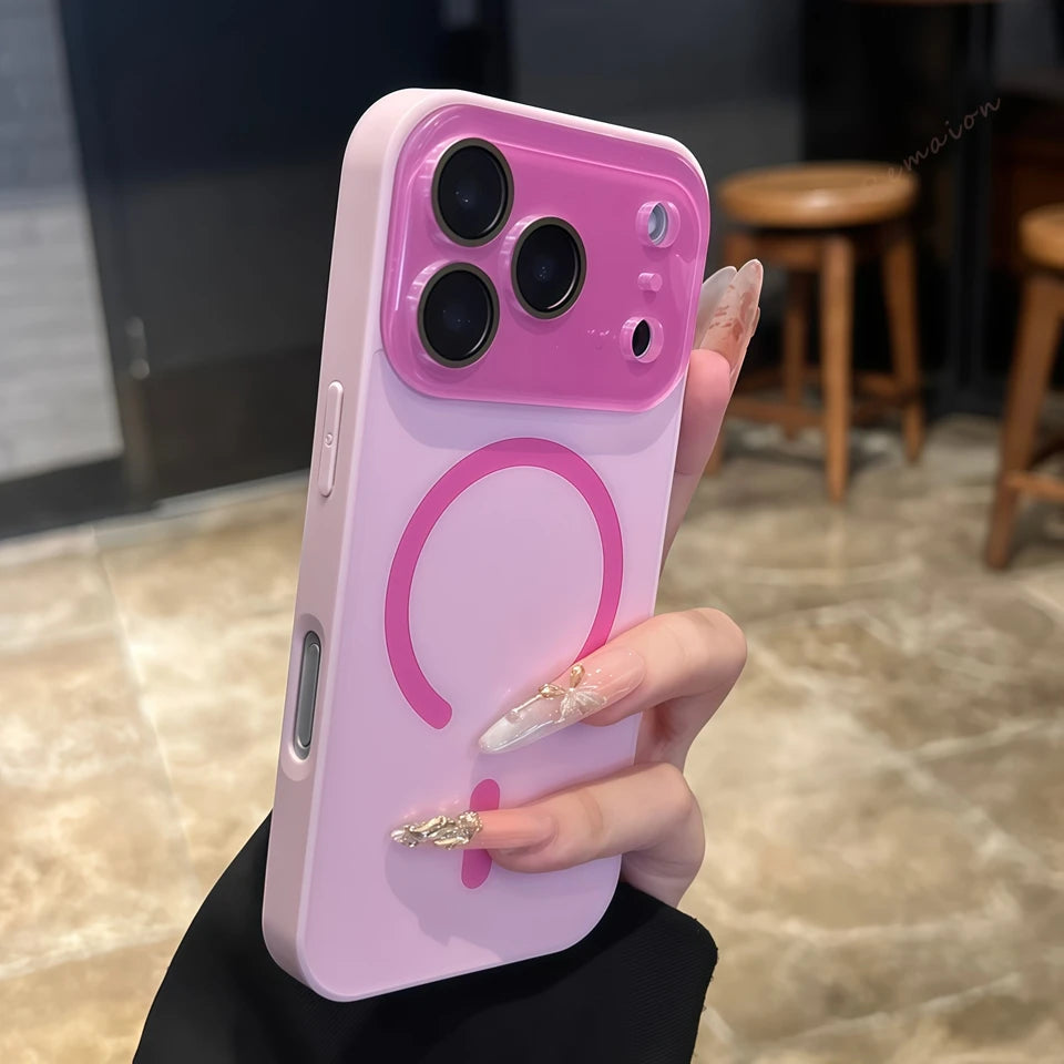 Magnetic phone case in pink with large circular window cutout and camera protectors