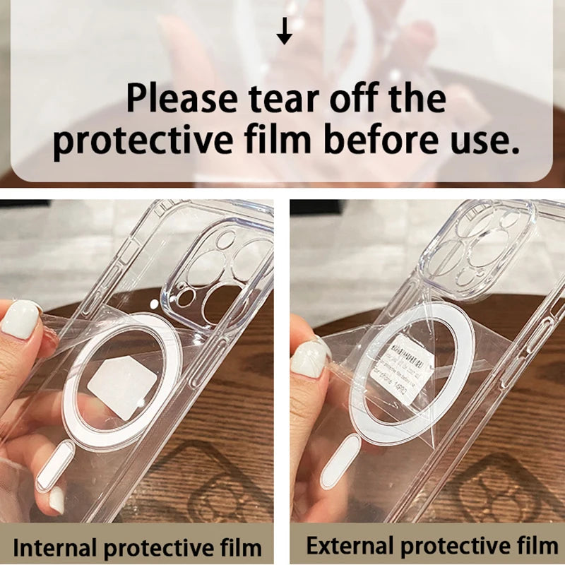Transparent MagSafe phone case front detail with internal and external protective film labels