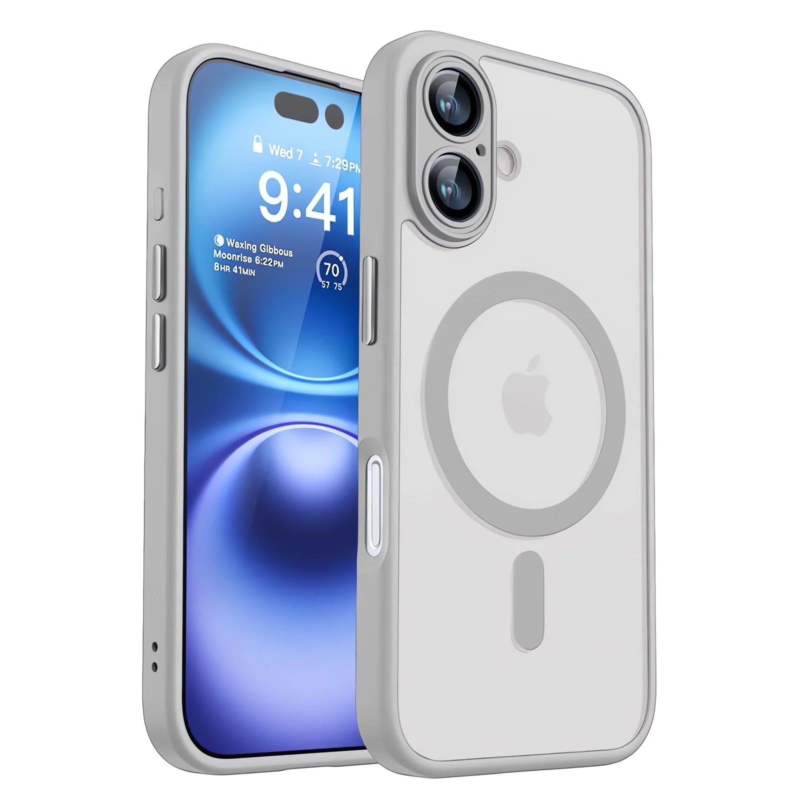Magnetic shockproof iPhone case, gray translucent matte cover with MagSafe ring