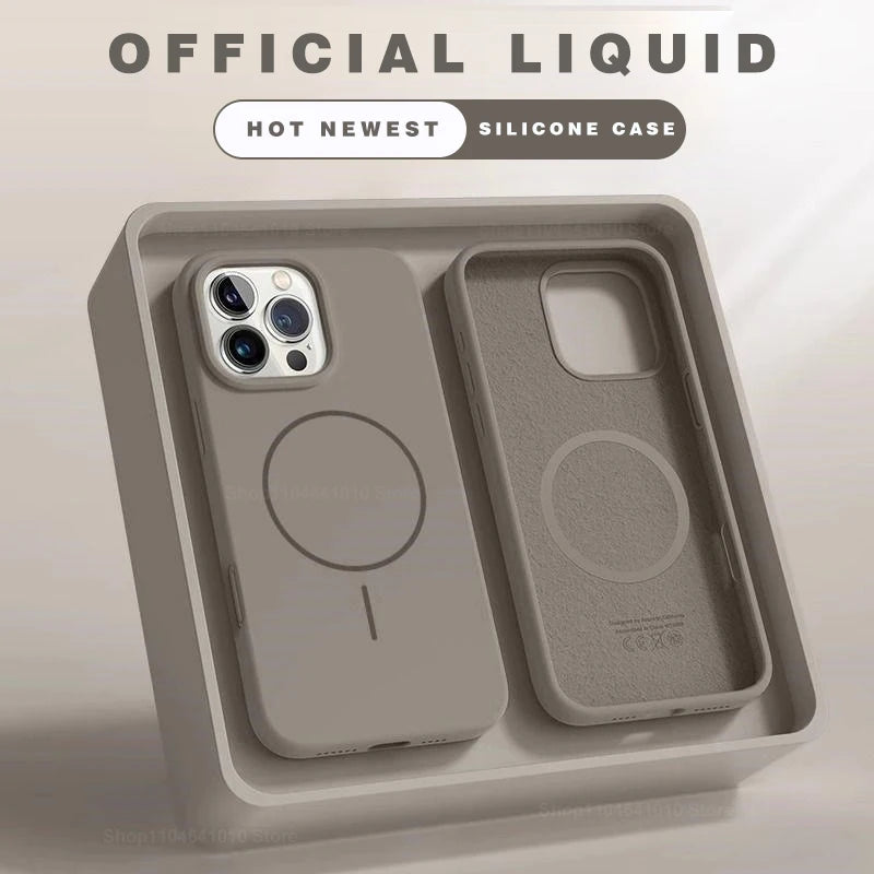 Gray magnetic silicone phone case with camera cutouts and MagSafe-style ring, in box