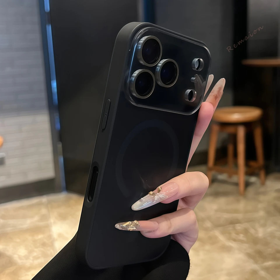 Magnetic phone case with large camera window, dark navy finish, and side cutouts.