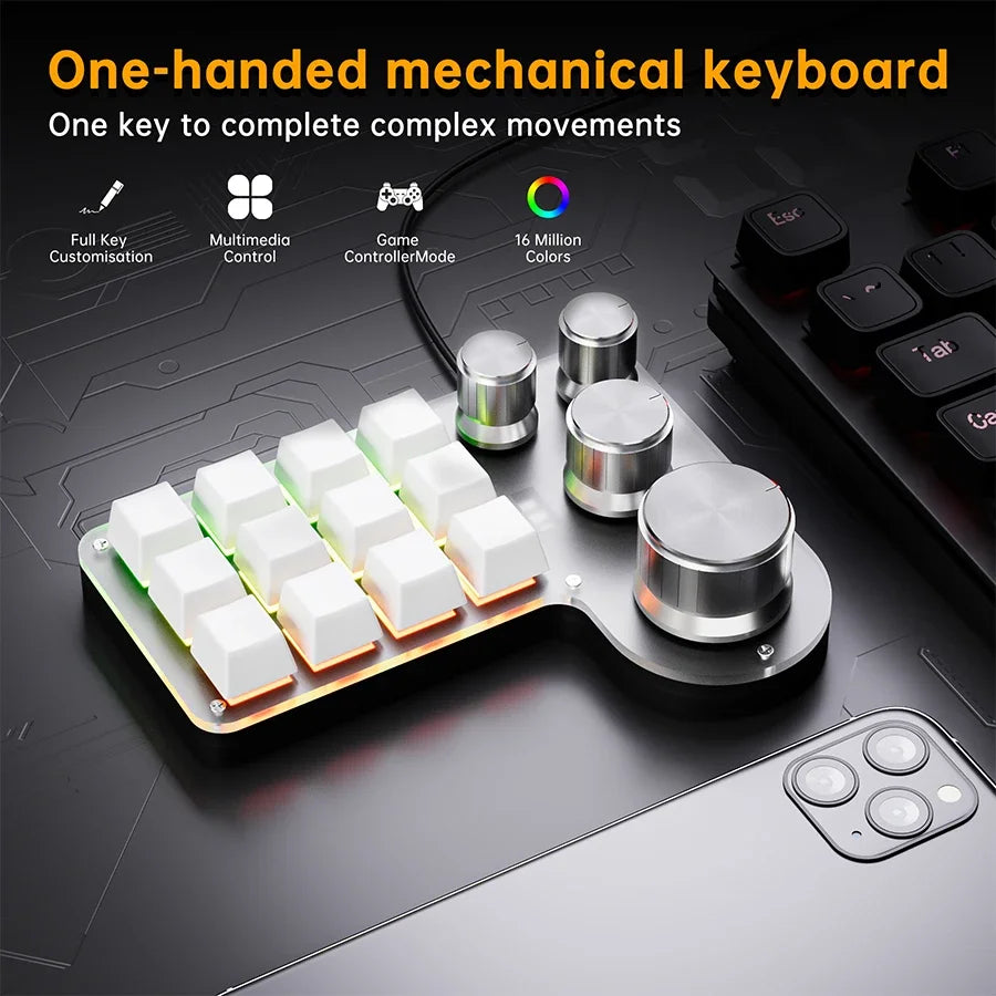 Black 12-key mechanical keypad with four silver knobs and RGB-lit white keycaps