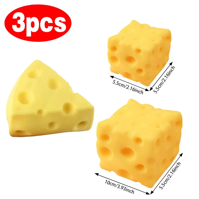 3 pack yellow cheese-shaped squishy toys in triangle and block shapes, size shown