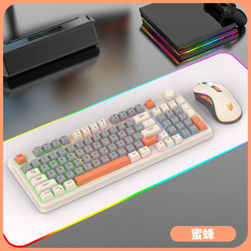 RGB wired 94-key compact keyboard with volume knob and green-orange backlit keycaps