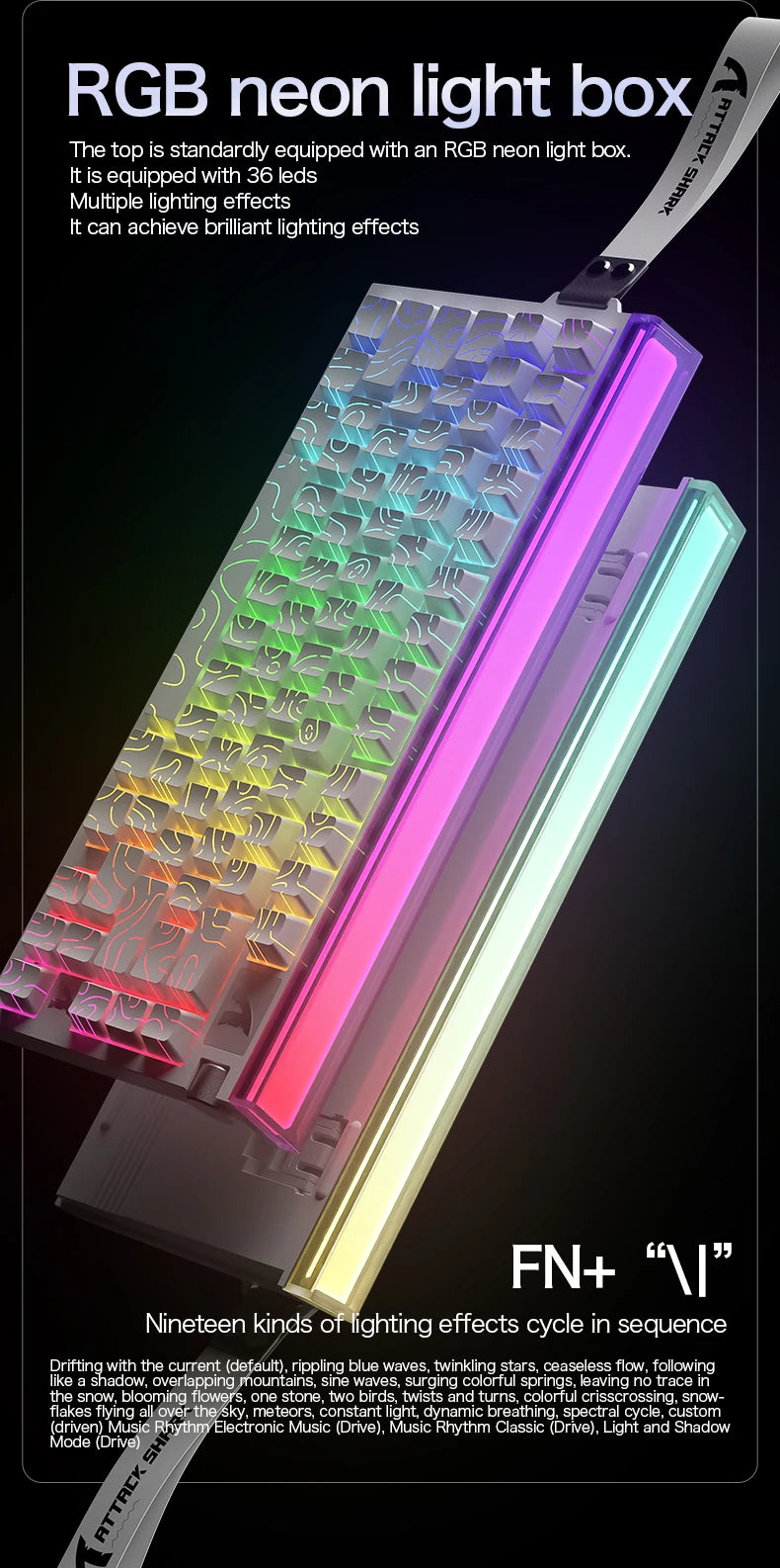 RGB mechanical keyboard with bright side light bar and multicolor key backlighting.
