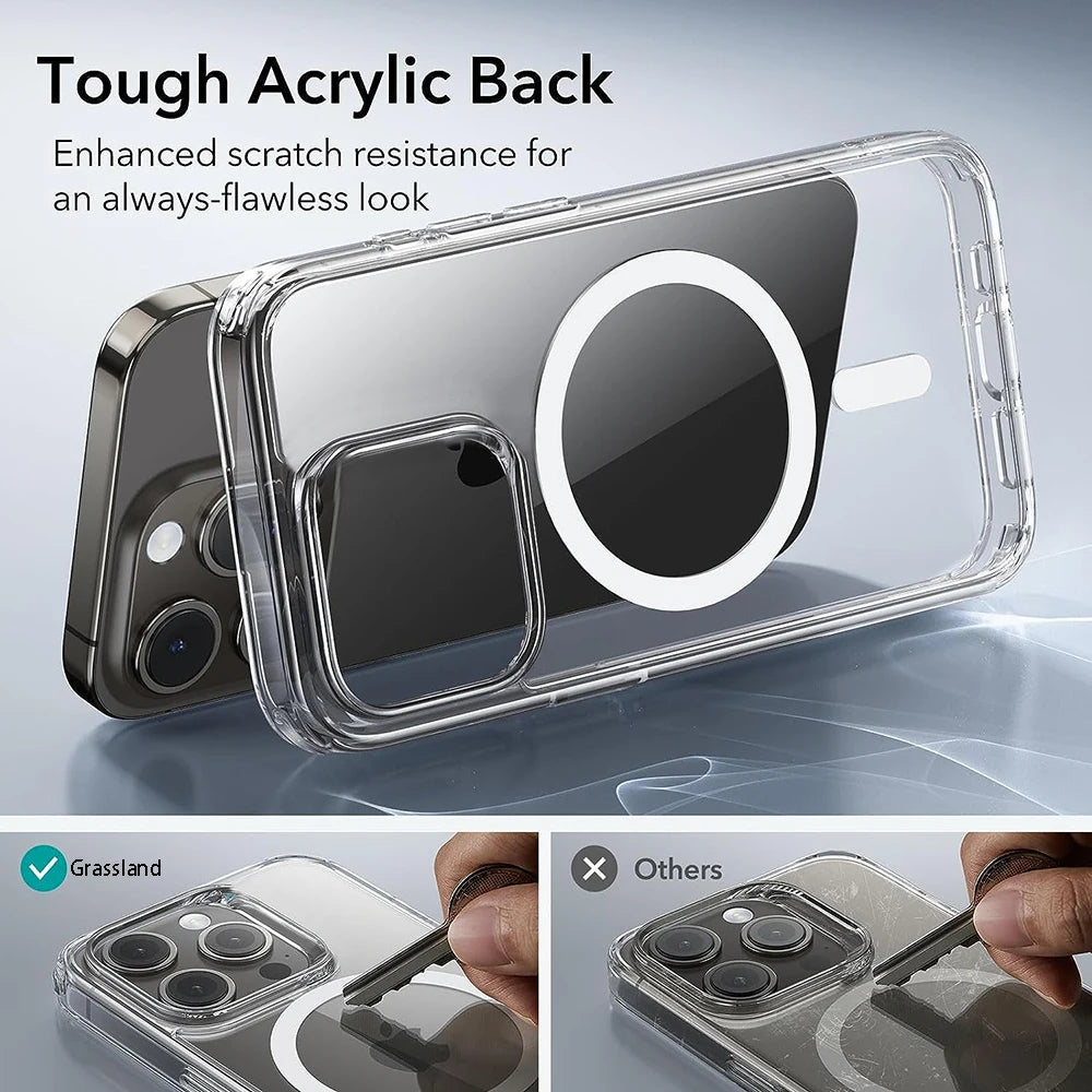 Clear MagSafe iPhone case with scratch-resistant acrylic back and camera protection