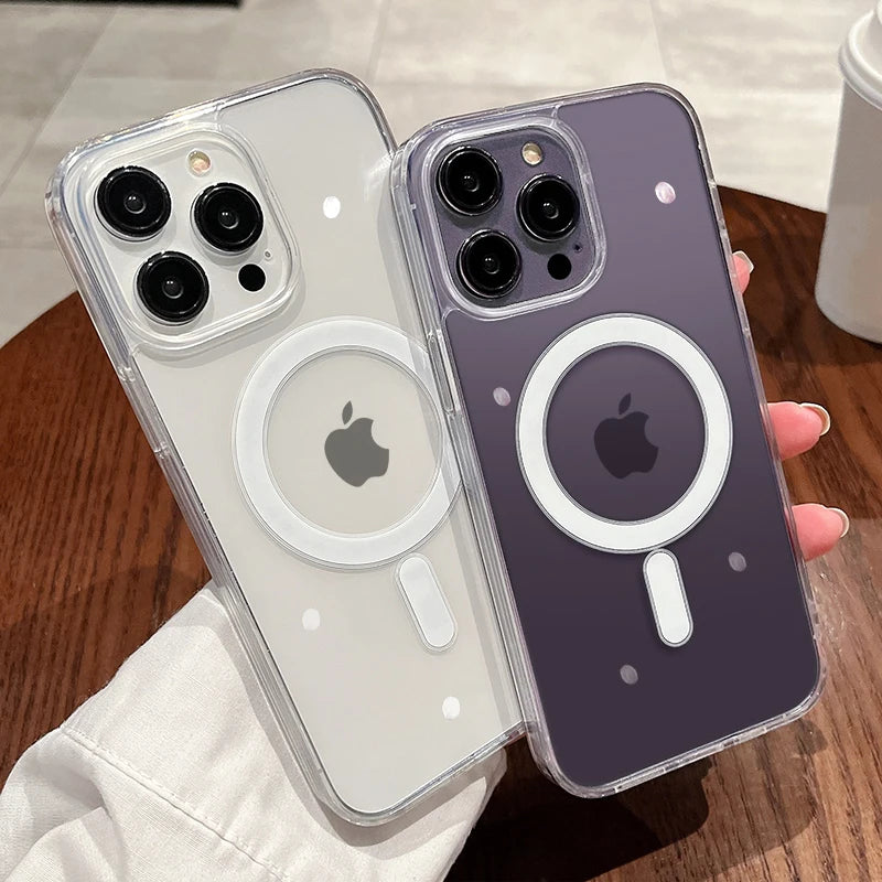 Pair of MagSafe magnetic phone cases: clear and purple with circular ring and camera cutouts
