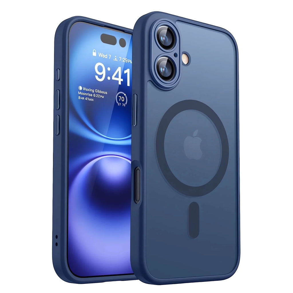 Matte translucent magnetic iPhone case in dark blue with circular ring logo and camera cutouts
