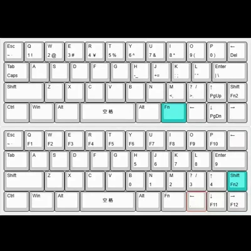 40% keyboard key layout map with white keys and blue/red highlighted areas