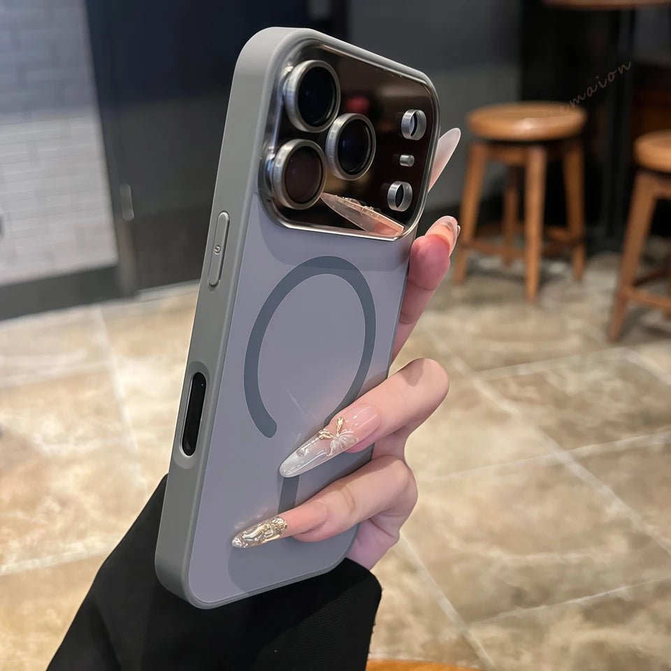 Magnetic phone case in lavender with large circular window cutout and camera protectors