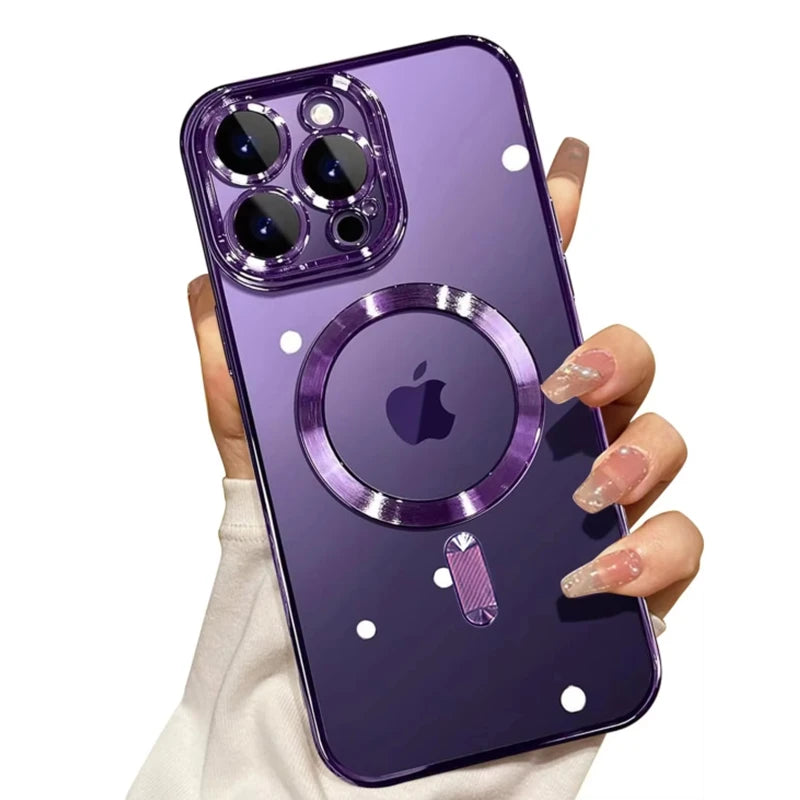 Purple magnetic wireless charge iPhone case with camera lens protector and ring design