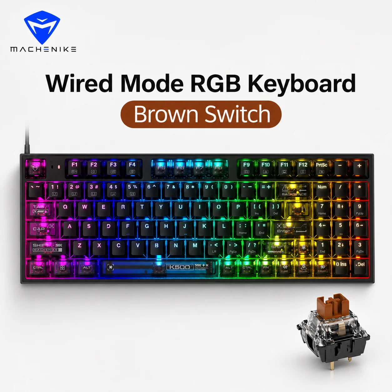 Wired RGB mechanical keyboard with black keys and brown switch, 94-key 90% layout