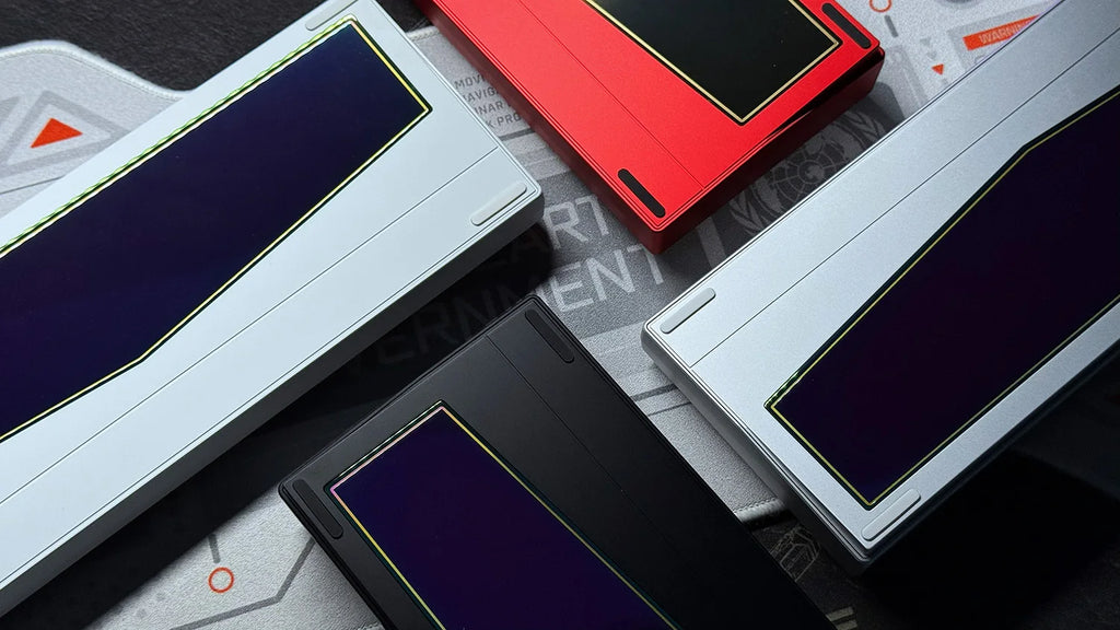 Keyboard cases with cutouts showing dark and colored display areas