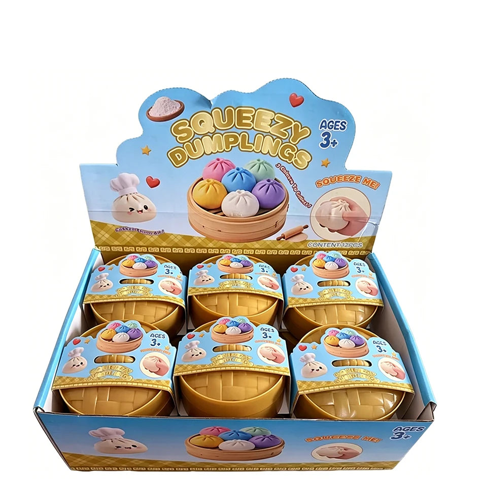Dumpling squishy fidget toy display box with multiple yellow tray packages