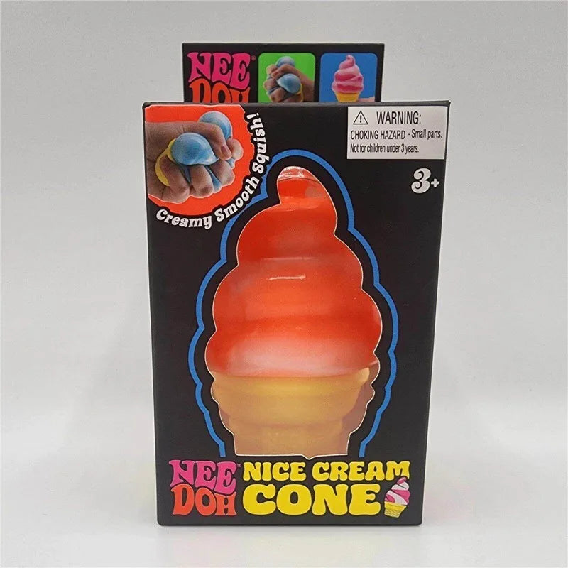 Nice cream cone stress toy in orange and cream colors, front of retail box