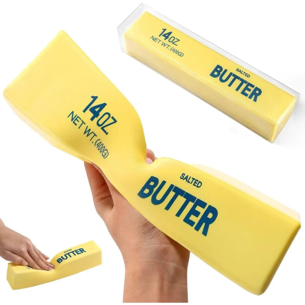 Large yellow butter-shaped squishy fidget toy, soft PU foam, 14oz loaf