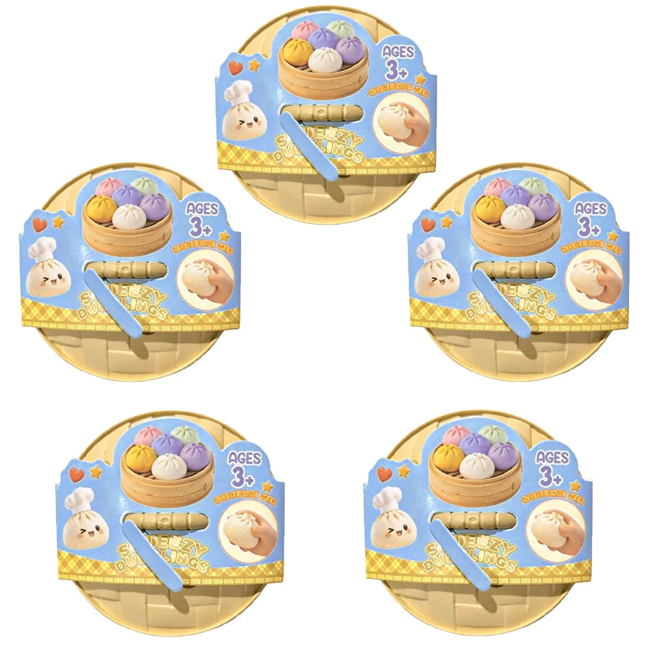 Squishy dumpling fidget set in blue blister pack with steamed bun and dough squeeze balls