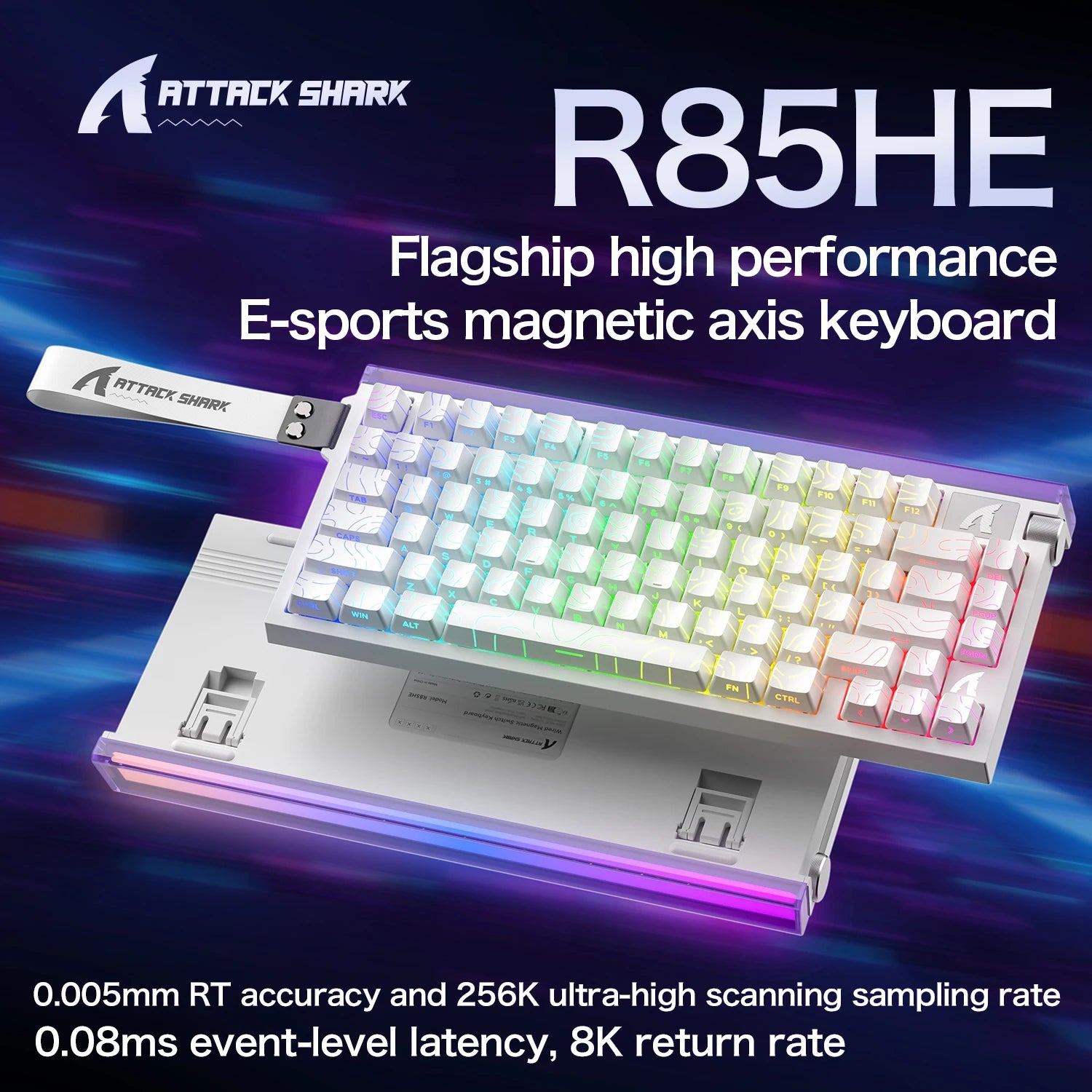 White gaming keyboard with bright RGB key backlight and purple side light bar.