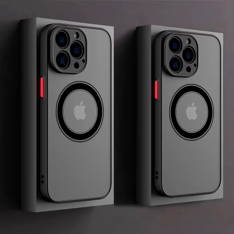 Black iPhone MagSafe wireless charging case, back view with circular MagSafe ring and red accents