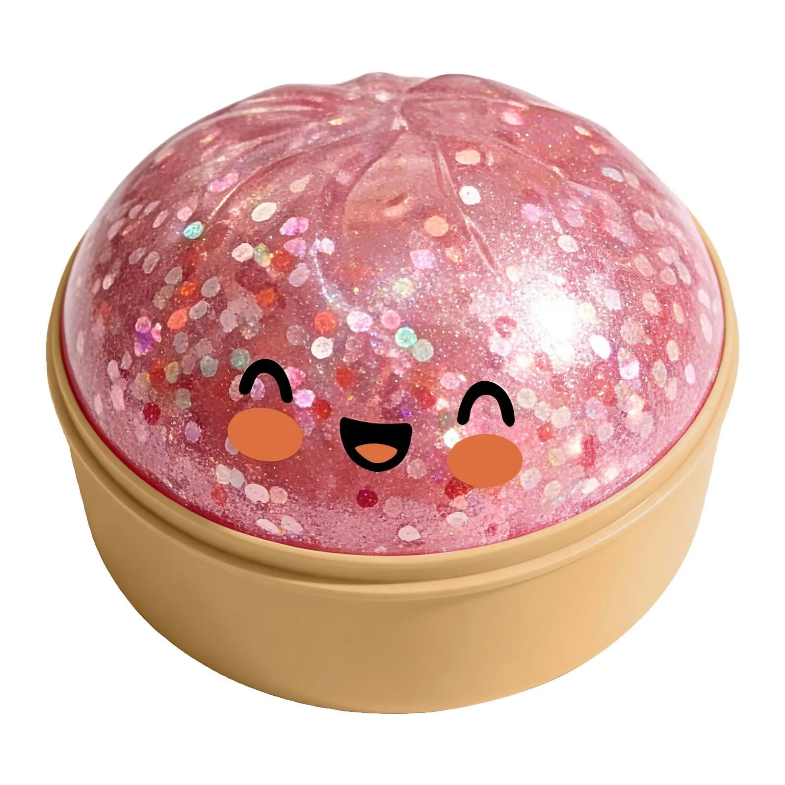 Close-up pink glitter steamed bun squishy with cute face in round beige case