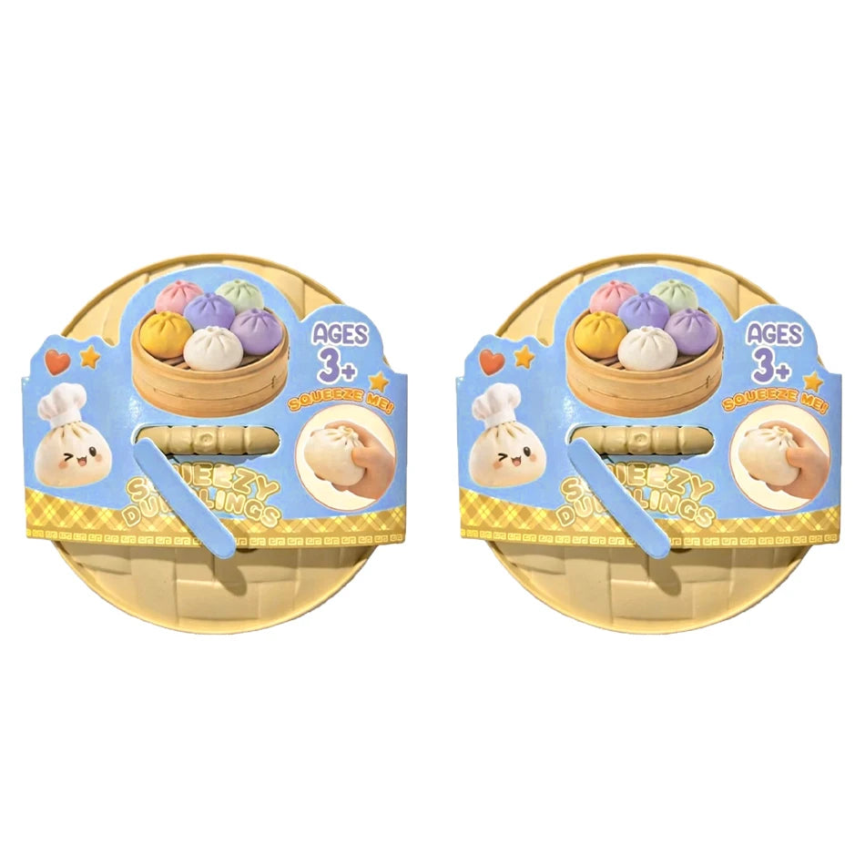 Squishy dumpling fidget toys, two blue blister packs with steamed bun squish balls