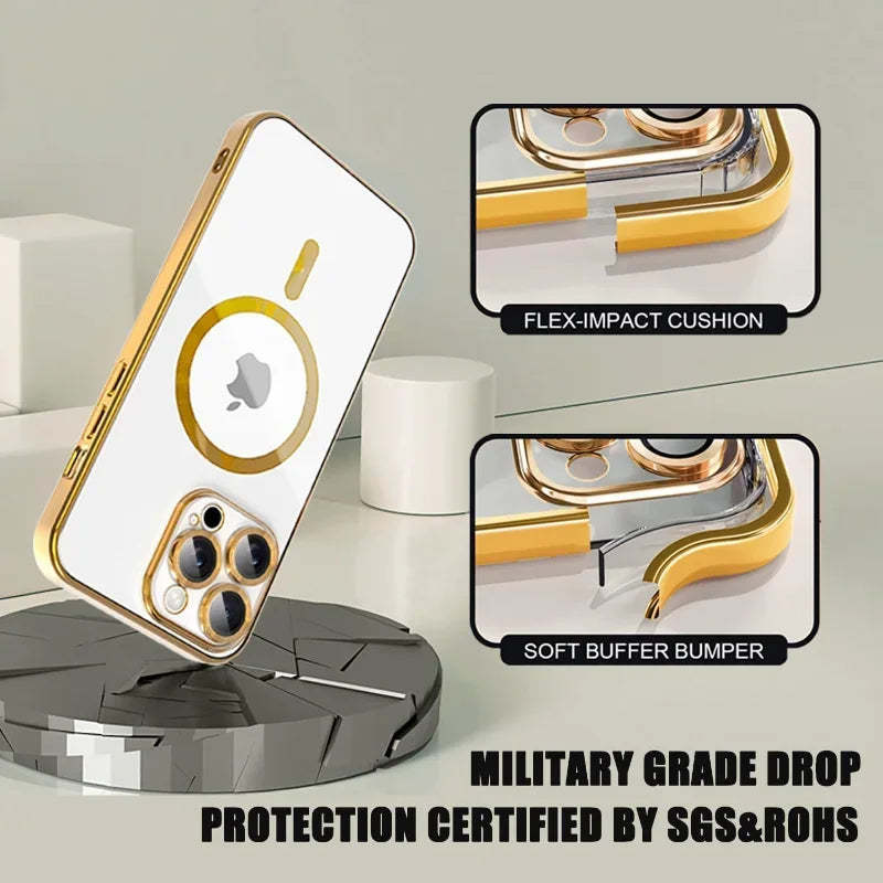 Clear MagSafe wireless charging phone case with gold edges, flex cushion bumper, and camera cutout