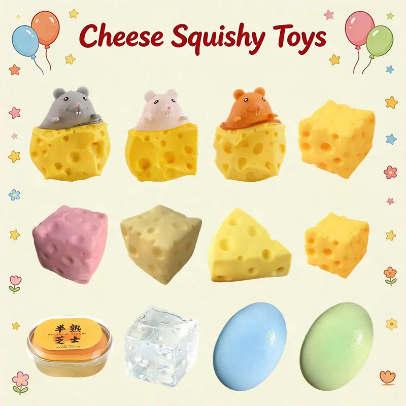 Assorted small cheese-shaped squishy toys in yellow, pink, gray, and orange
