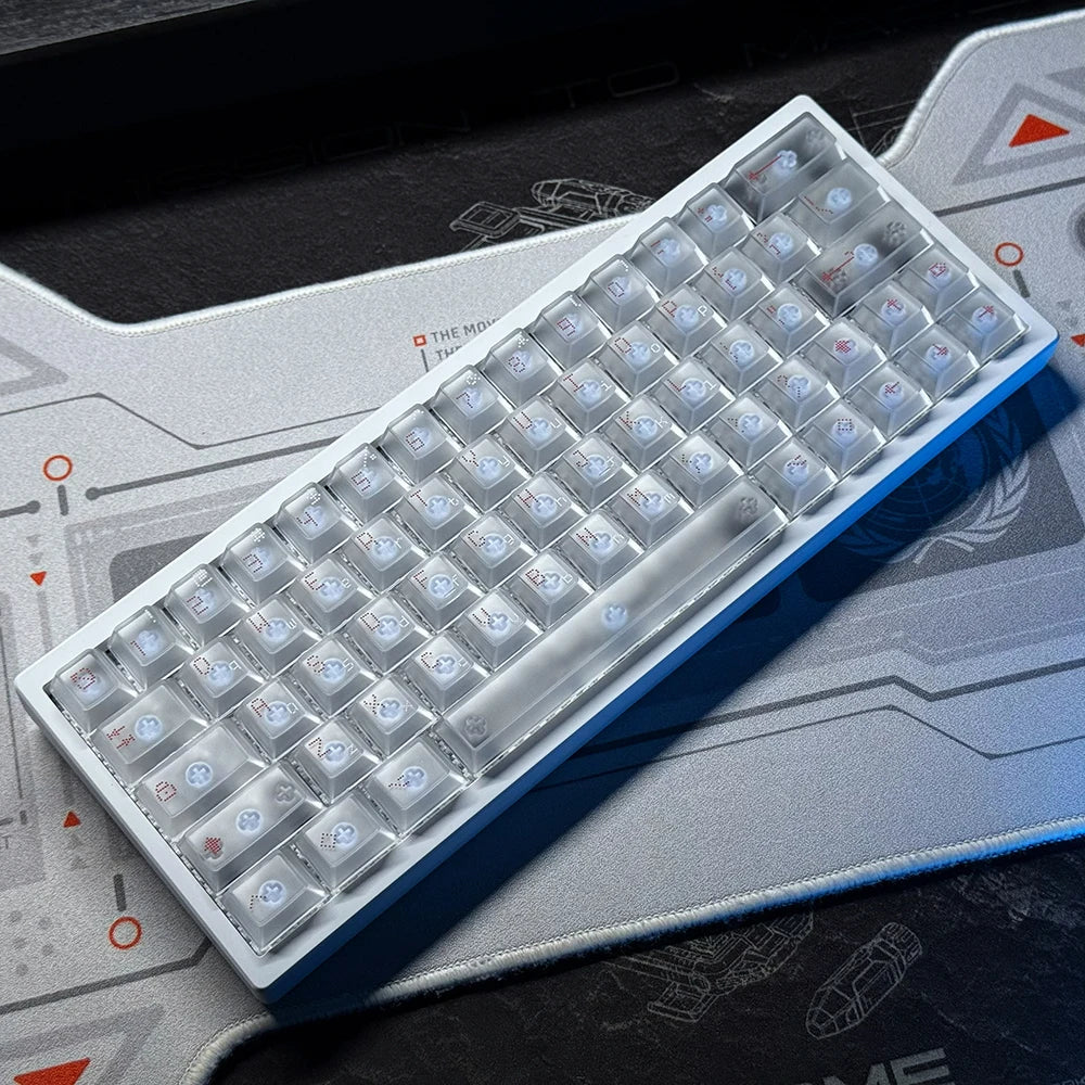 Mechanical keyboard PCB with translucent keycaps and light gray frame