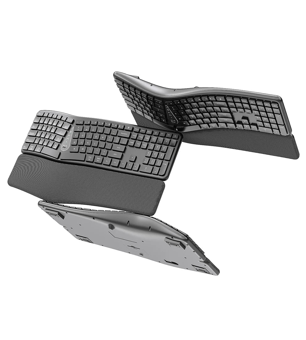 Black ergonomic wireless keyboard with cushioned wrist rest and thin raised profile