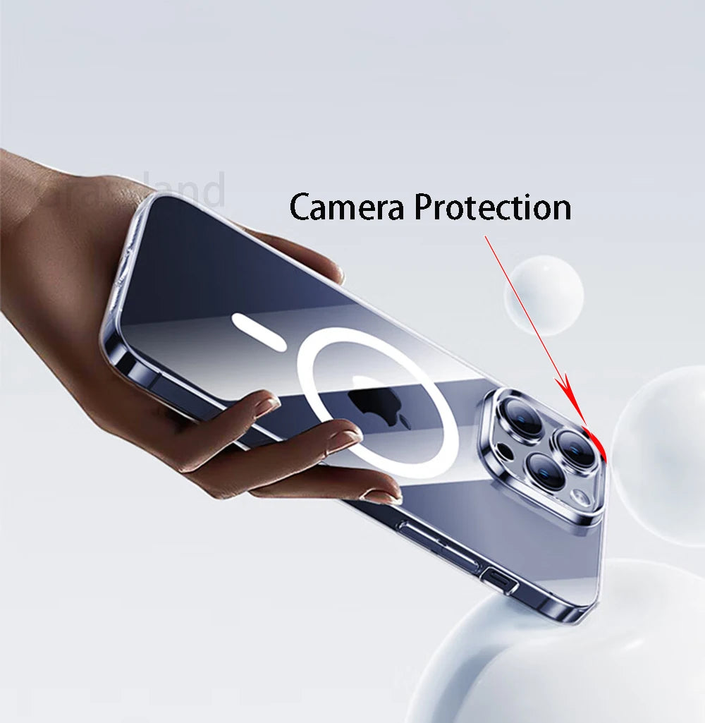 Transparent iPhone MagSafe case showing camera protection around lens openings