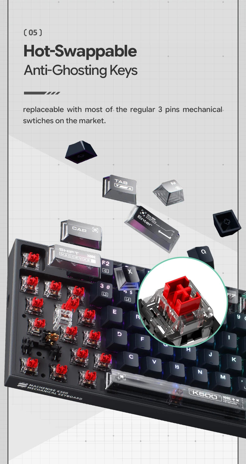 Hot-swappable mechanical keyboard with exposed switches and RGB backlit keys detail