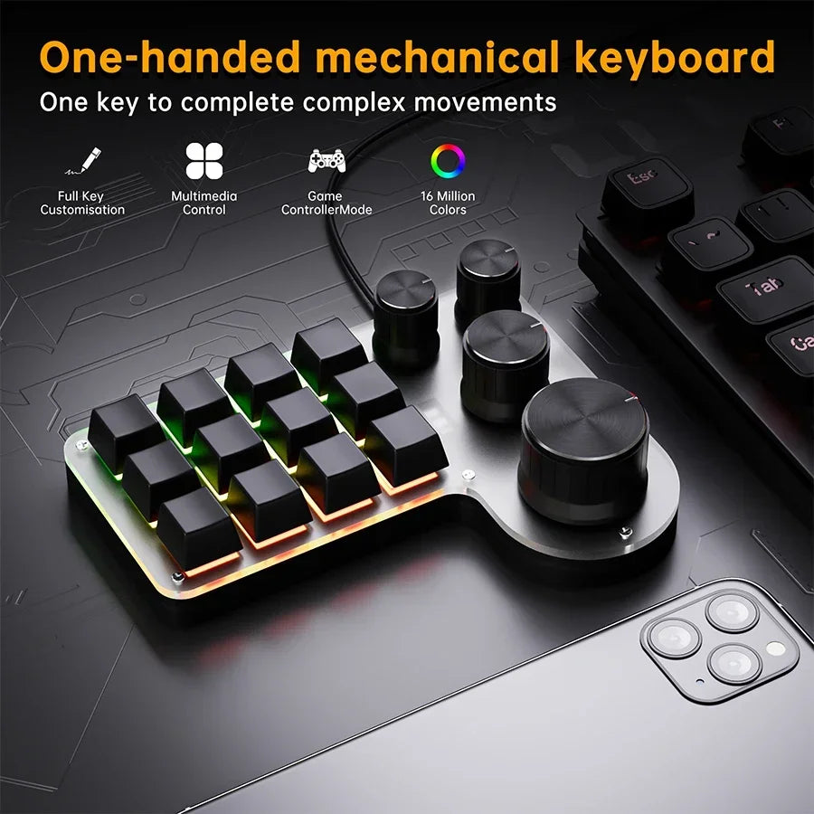 Black 12-key mechanical keypad with four knobs, RGB light bars, and key clusters