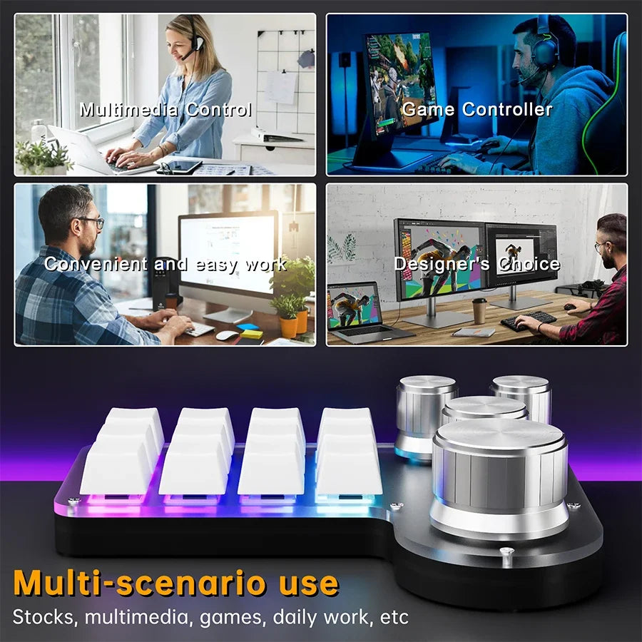 Black 12-key mechanical keypad with four silver knobs and RGB-lit white keycaps