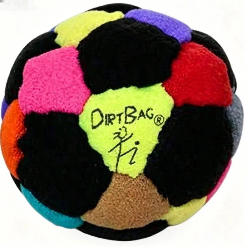 Sand-filled hacky sack ball with multicolor patch panels and DirtBag logo