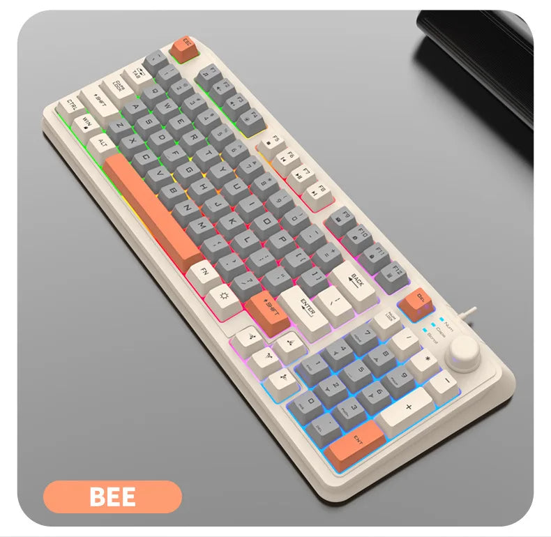 Wired RGB keyboard with volume knob, bee-themed color accents and multi-color backlight