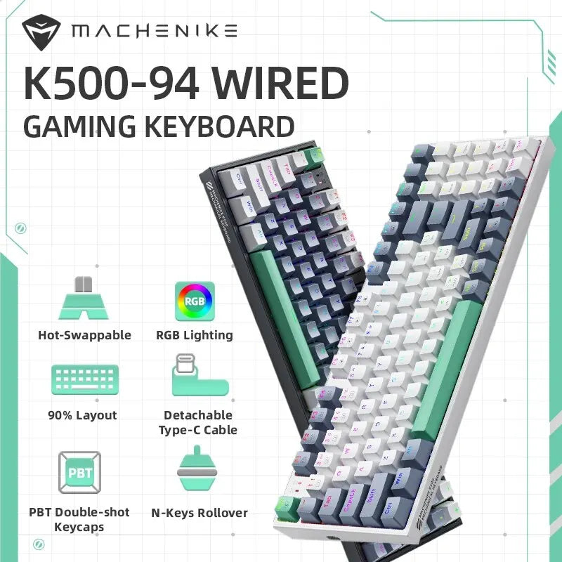 94-key wired mechanical gaming keyboard with hot-swap RGB backlighting, angled view