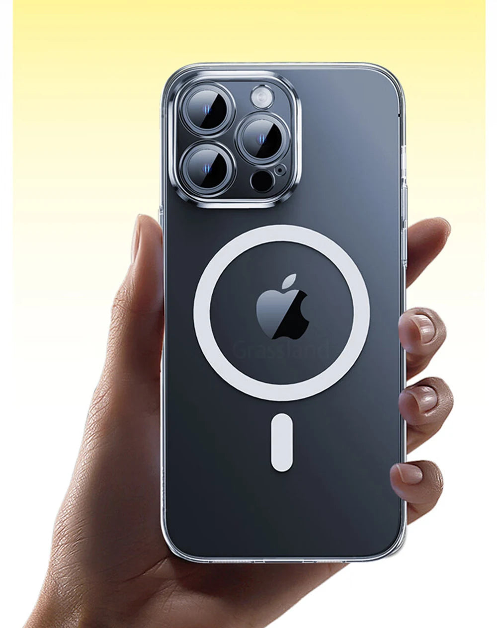Transparent MagSafe iPhone back case held in hand, magnetic ring with triple camera cutouts