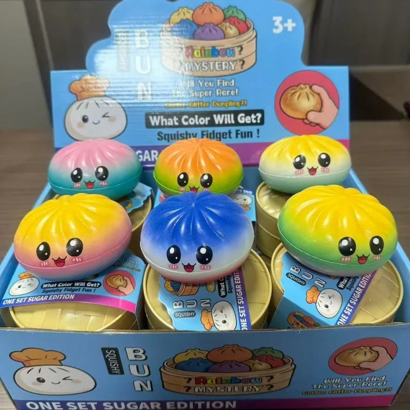 Boxed set of colorful dumpling squishy fidget balls with cute faces in tins