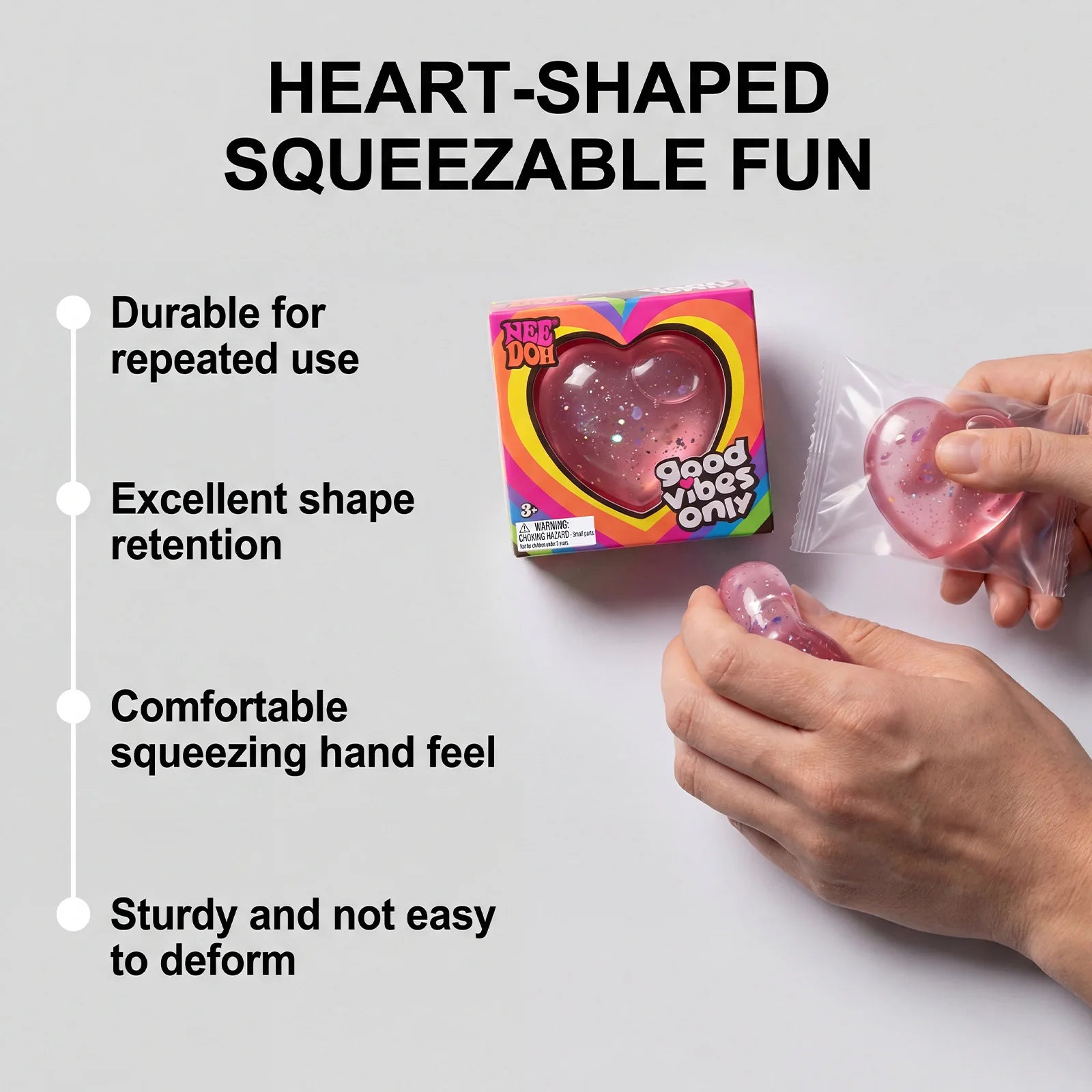 Needoh stress relieving toy with a soft and comfortable touch, gentle and non stick heart shape, cute, compact and portable palm