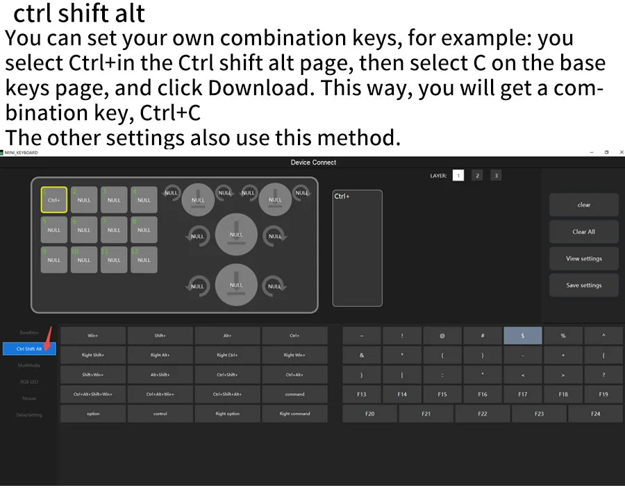 Keyboard software instructions screen for Ctrl, Shift, and Alt key combinations
