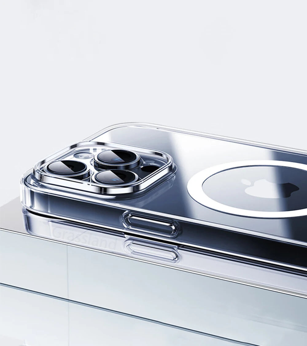 Transparent iPhone MagSafe case with clear bumper and exposed charging port area