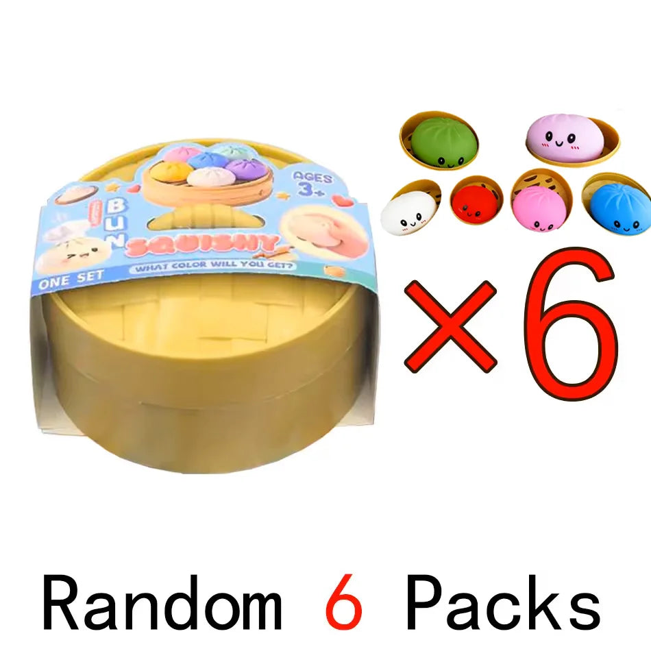 Round yellow squishy dumpling character inside packaging with count graphic for six sets