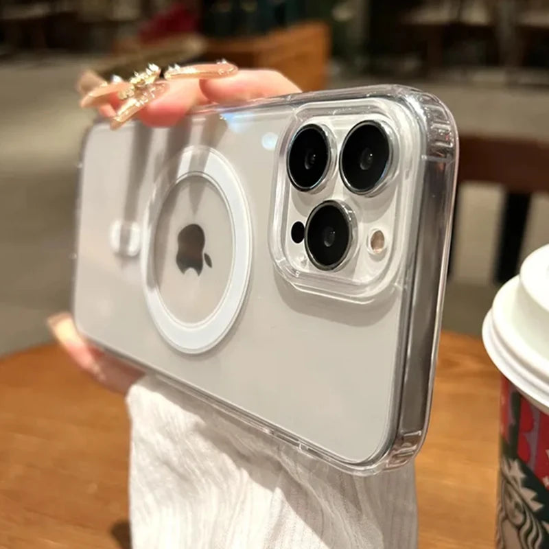 Clear magnetic iPhone case with circular MagSafe ring and triple camera cutouts