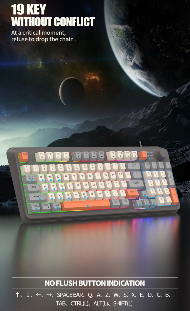 Compact wired RGB keyboard with orange accent keys and glowing light bar