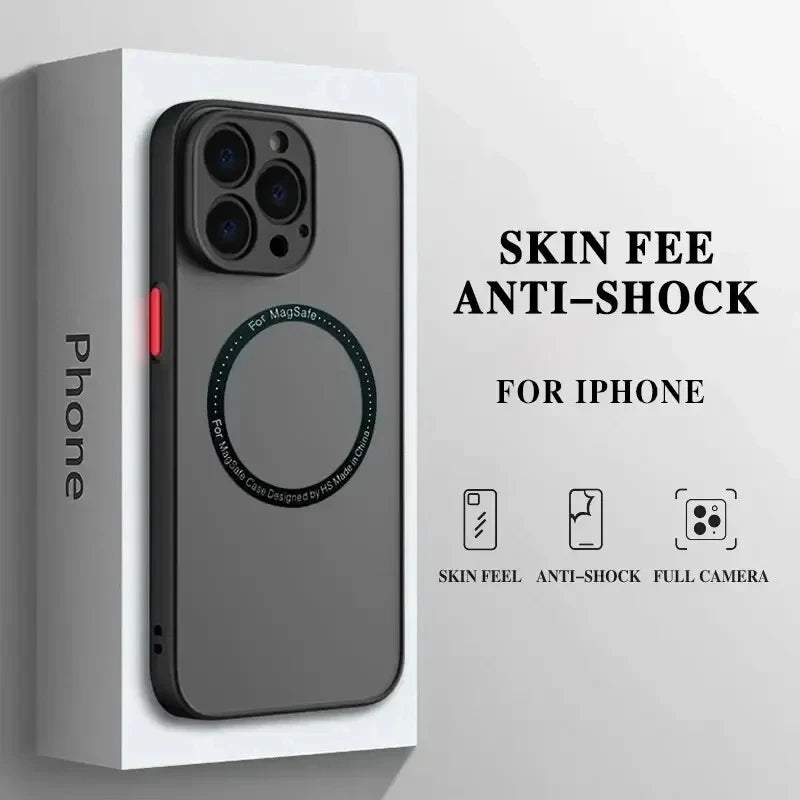 Black MagSafe phone case shown in retail box with circular ring design and camera cutouts