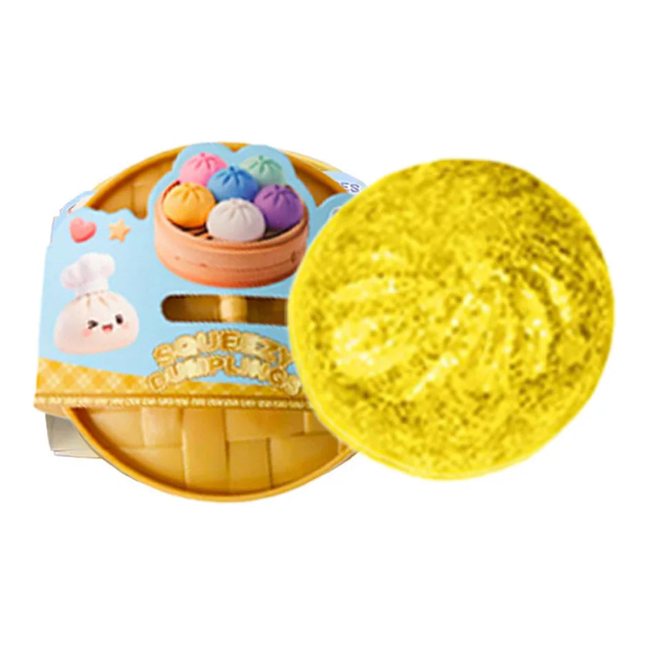 Yellow glitter squishy dumpling character next to packaged dumpling set
