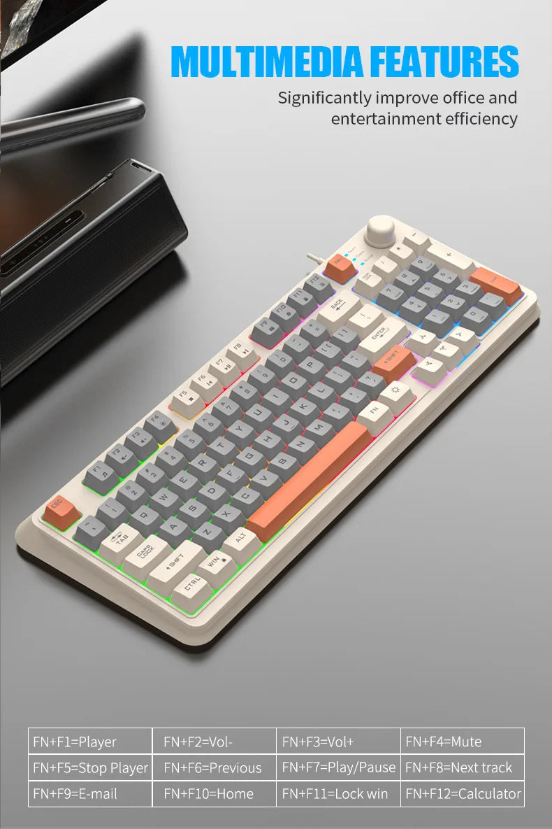 94-key RGB compact keyboard angled view with multicolor key legends